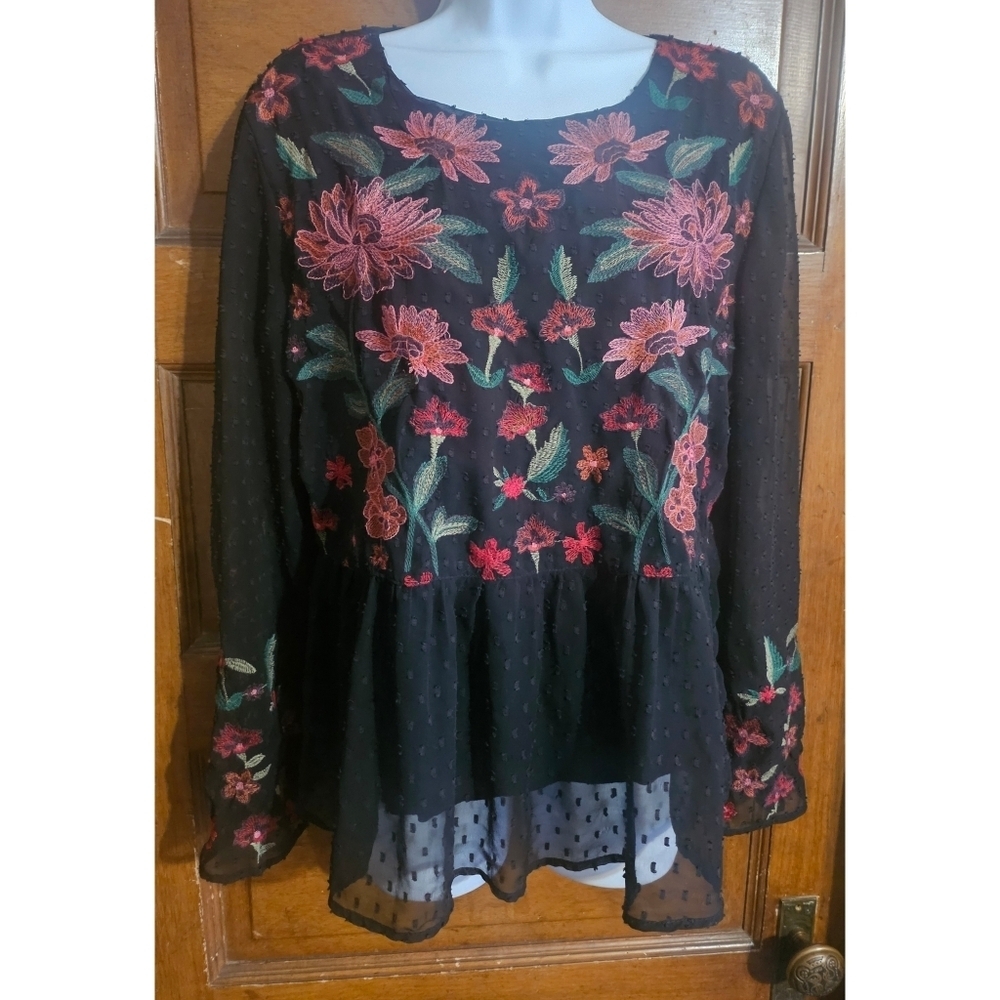 American Eagle Outfitters Black Swiss Dot Floral Embroidered Peplum Top - Picture 5 of 15
